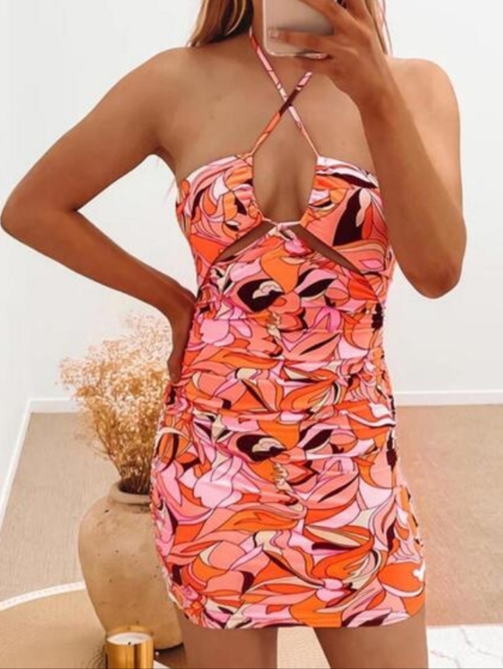 SWEET POT Neon Tropical Multicolor Ruched Bodycon Halter Cut-out Mini Dress Sz 2